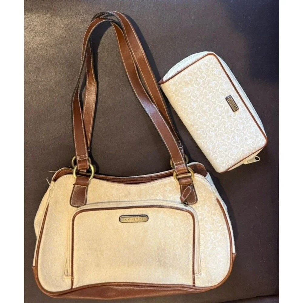 Rosetti shoulder bag with matching wallet in a white and brown color scheme.